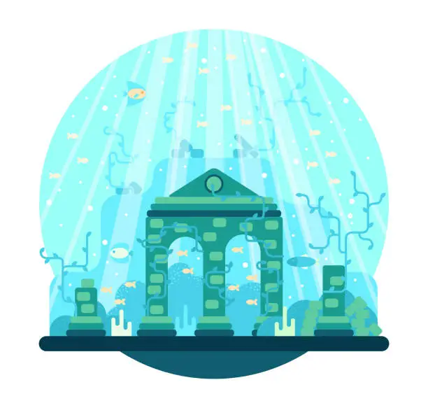 Vector illustration of The arch and destroyed columns stand on the seabed among fish and algae. Vector cartoon illustration