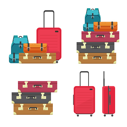 Luggage bags heap and suitcase plastic case for flight or travel baggage pile stacked isolated clipart vector flat cartoon illustration image