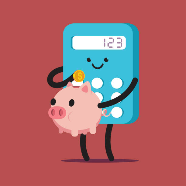 Cute calculator with money piggy bank vector cartoon character isolated on background. Calculator with money piggy bank vector cartoon character. piggy bank calculator stock illustrations