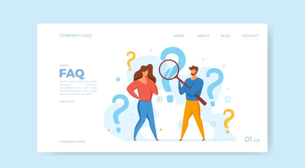 faq concept of men looking through magnifying glass at interrogation point and question mark. - question mark stock illustrations