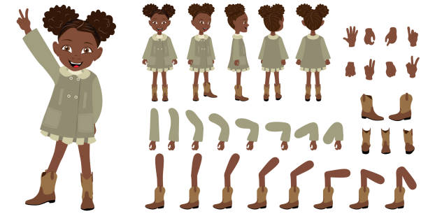 Flat Vector Illustration of Cute African American Kid Girl Wearing a Coat and Boots Flat Vector Illustration of Cute African American Kid Girl Wearing a Coat and Boots, Cartoon Character Set For Animation, Various Views, Poses and Gestures girls stock illustrations