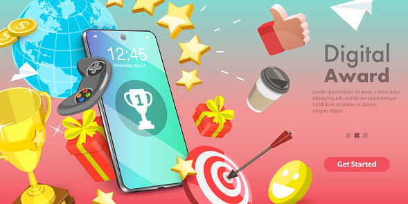 3D Vector Conceptual Illustration of Digital Competition Award, Online Championship Prize, Mobile App Gamification