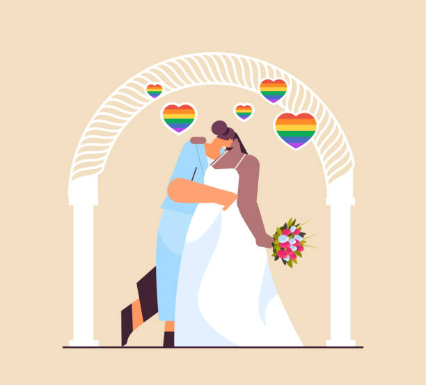 newlywed lesbian couple with flowers kissing near wedding arch transgender love LGBT community wedding celebration newlywed lesbian couple with flowers kissing near wedding arch transgender love LGBT community wedding celebration concept full length vector illustration gay wedding kiss stock illustrations