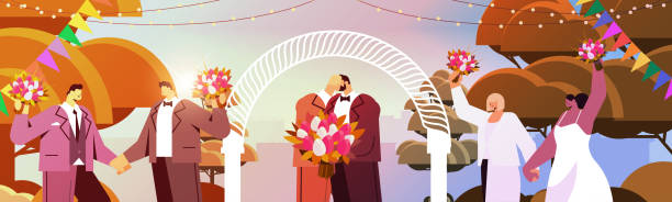 newlywed gay couple with flowers kissing near wedding arch transgender love LGBT community wedding celebration newlywed gay couple with flowers kissing near wedding arch transgender love LGBT community wedding celebration concept portrait horizontal vector illustration gay wedding kiss stock illustrations