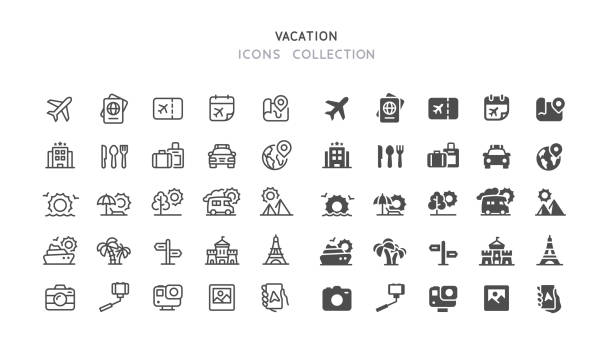 Line & Flat Travel Vacation Icons Set of travel vacation vector icons. Line and flat design. Editable line stroke. eiffel tower restaurant stock illustrations