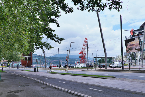 Bilbao, Biscay, Spain -July 30, 2021: Red crane in Bilbao named Carola