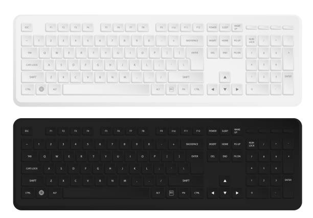 bildbanksillustrationer, clip art samt tecknat material och ikoner med realistic white and black wireless personal computer keyboard. english letters and symbols on keyboard buttons. isolated vector on white background - computer delete