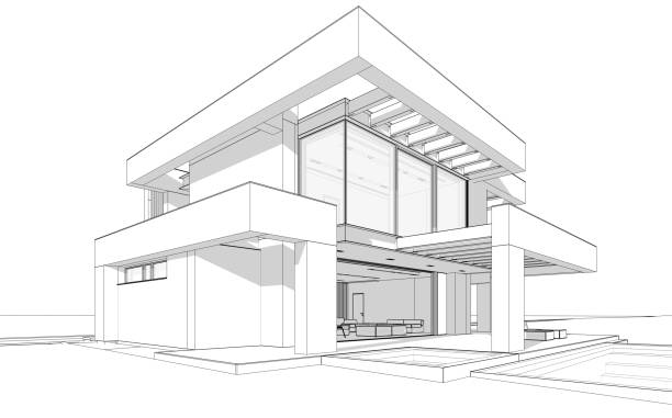 istock 3d rendering of modern house in luxurious style black line on white background 1341456142