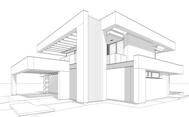 istock 3d rendering of modern house in luxurious style black line on white background 1341456161