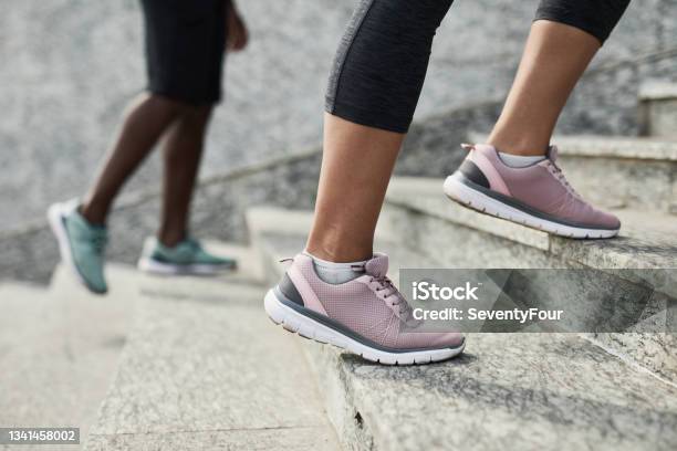 Sportsmen Running On Stairs Stock Photo - Download Image Now - Walking, Sports Shoe, Staircase