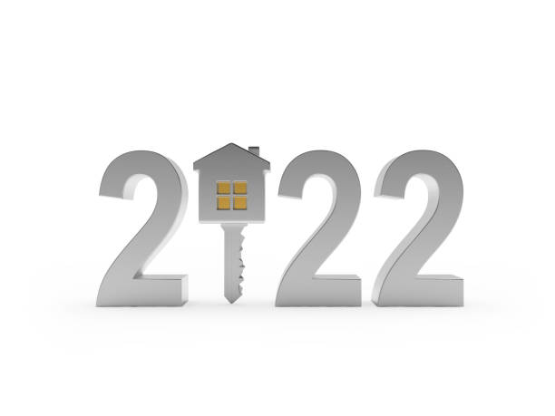 istock Silver number 2022 with a key-house 1341458139