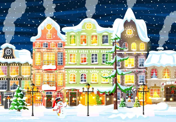 Vector illustration of Christmas Card with Urban Landscape and Snowfall.