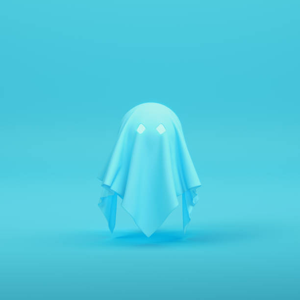istock Cute ghost character on bright blue background in pastel colors 1341458312