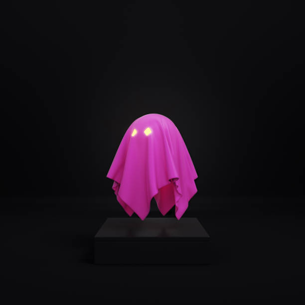 istock Cute pink ghost character with glowing eyes on dark pedestal. Minimalism concept 1341458353