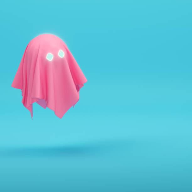 istock Pink cute ghost chsracter on bright blue background in pastel colors 1341458375