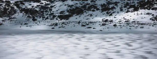 Anamorphic image of Sela Lake partially frozen