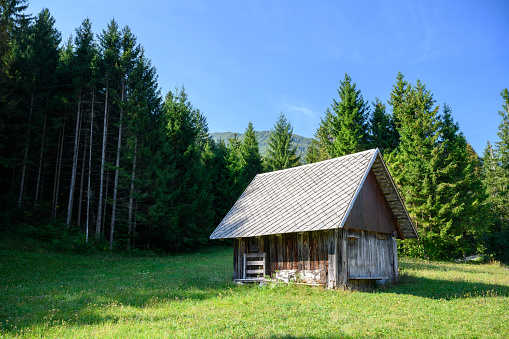 Small hut in the Alps mountains in Slovenia