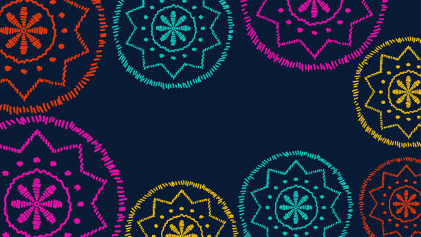 ilustrações, clipart, desenhos animados e ícones de vetor. padrões de cores perfurados, padrão de papel picado desenhado à mão. mês da herança hispânica. padrão poligonal para banner web, pôster, capa, respingo, rede social. esboço de linha. - abstract design pattern mandala