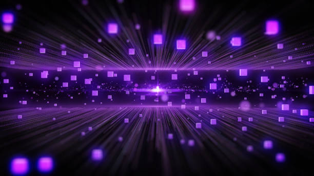 istock Purple Line Data Flow Particle Concept with Realistic Glow Cubic 1341463423