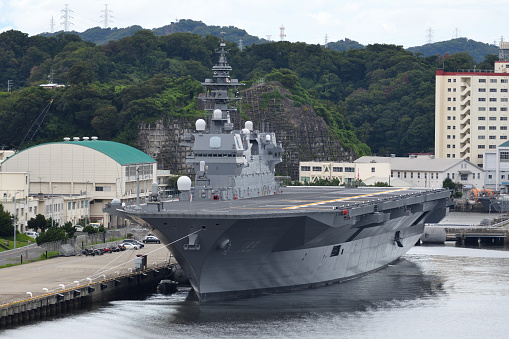 Kanagawa, Japan - August 21, 2021:Japan Maritime Self-Defense Force JS Izumo (DDH-183), Izumo-class helicopter destroyer.