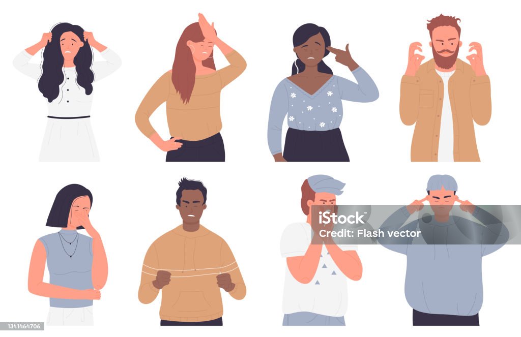 Upset sad annoyed people set isolated Upset annoyed people vector illustration set isolated. Cartoon sad unhappy disappointed adult characters bad failure situation, with face palm gesture, touch head in headache, disappointment or shame People stock vector