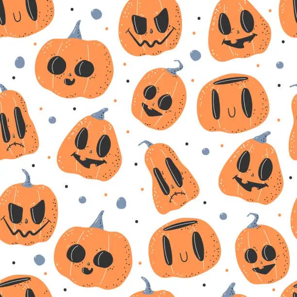 Vector illustration of Halloween pumpkin face vector cartoon seamless pattern on a white background for wallpaper, wrapping, packing, and backdrop.