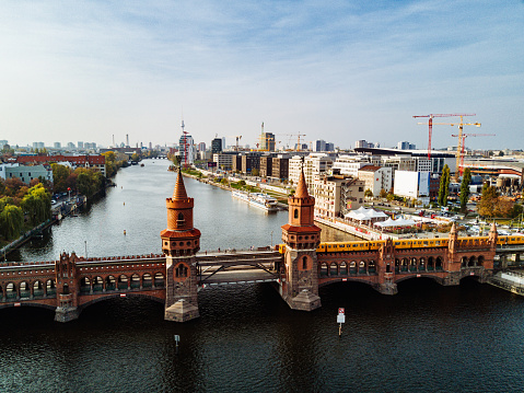 Aerial view of Berlin and Spree river bridges in summer