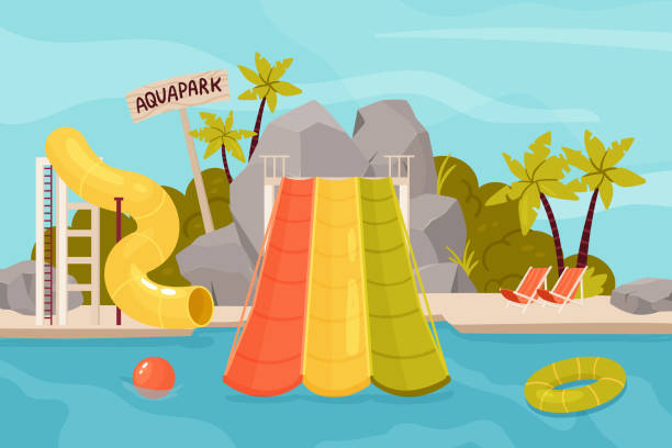 ilustraciones, imágenes clip art, dibujos animados e iconos de stock de parque de atracciones acuático con tobogán para unas vacaciones familiares divertidas, piscina en la playa tropical - water park resort swimming pool public swimming pool beach ball