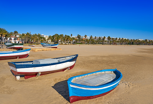 Salou beach Llevant boats Levante platja in Tarragona of Catalonia