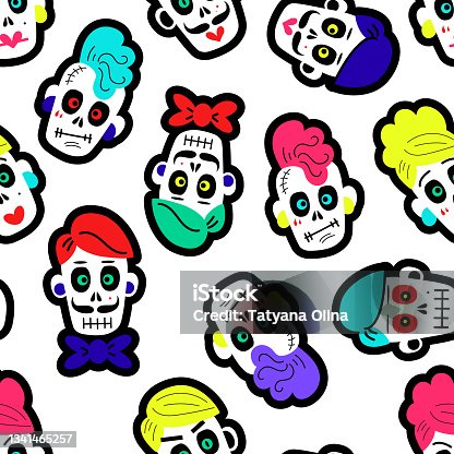 istock Seamless pattern with colorful funny skulls. Pattern with sugar skulls. 1341465257
