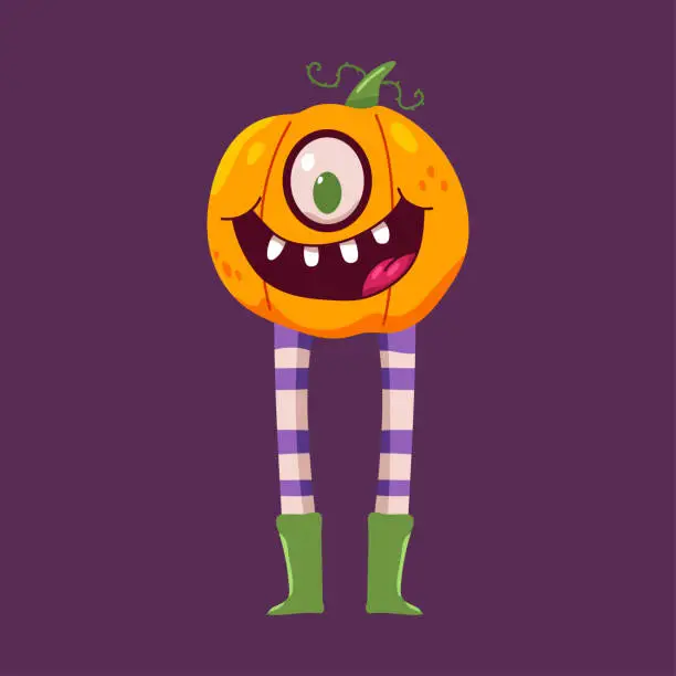 Vector illustration of Cute Halloween pumpkin with legs vector cartoon character isolated on background.