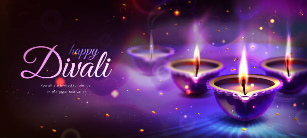 Diwali holiday poster with realistic glowing diya candles Realistic poster of happy diwali holiday with glowing diya candles on purple background. Traditional hindu festival with floral mandala. Indian religious celebration with burning lamps, rangoli design diwali stock illustrations