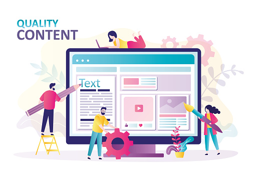 People create different quality content for social media. Copywriter with pencil writes articles for website or blogs. Characters with tools near monitor. Copywriting concept. Flat vector illustration
