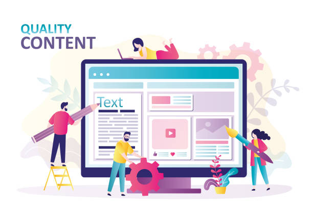 People create different quality content for social media. Copywriter with pencil writes articles for website or blogs People create different quality content for social media. Copywriter with pencil writes articles for website or blogs. Characters with tools near monitor. Copywriting concept. Flat vector illustration search engine advertising stock illustrations