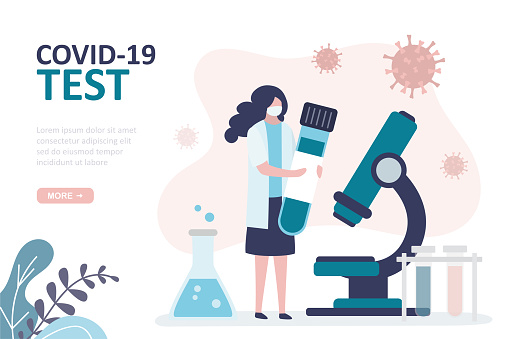 Scientist doing coronavirus test or vaccine research. Various medical equipment. Woman in protective mask holds ampoule. Concept of medicine and testing population. Landing page. Vector illustration