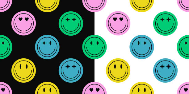 nahtloses muster aus verschiedenen bunten smile face stickern. lächelndes glückliches gesicht symbol nahtlosen hintergrund. set von emoticon-texturen für printprodukte. vektor - lächeln stock-grafiken, -clipart, -cartoons und -symbole