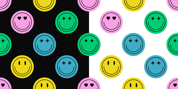 Seamless pattern of different colorful smile face stickers. Smiling happy face icon seamless background. Set of emoticon textures for print product. Vector illustration.