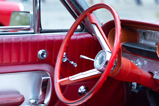 American classic car dashboard and steering wheel
