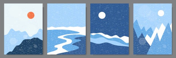 векторная рисованные иллюстрации. абстрактный плоский минималистский дизайн ландшафтного набора. зимний холодный снежный сезон. японская - frozen ice sky sun stock illustrations