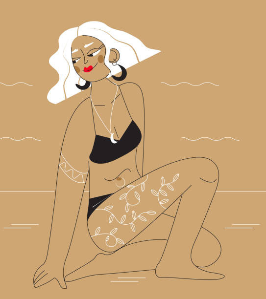 ilustrações, clipart, desenhos animados e ícones de ilustração vetorial feminina de banho de sol em estilo contorno. a senhora com tatuagem está sentada na praia está tomando sol. - bikini bottom sunglasses tourist resort summer