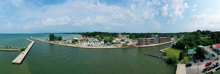 An aerial panorama of the Port Dover, Ontario, Canada Marina