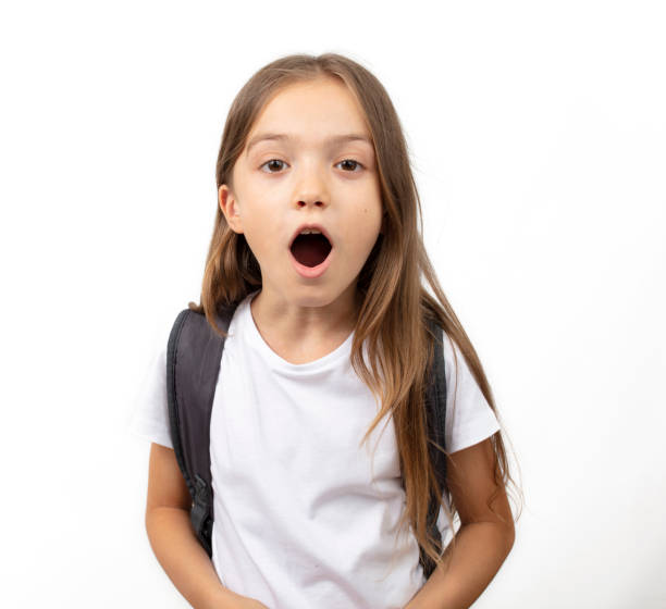 istock Student girl kid on white background looking at camera with surprised facial expression. 1341477005