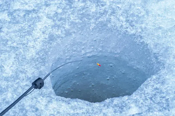 A whip of a winter fishing rod with a nod over the hole in anticipation of bites on the blue ice. Background.