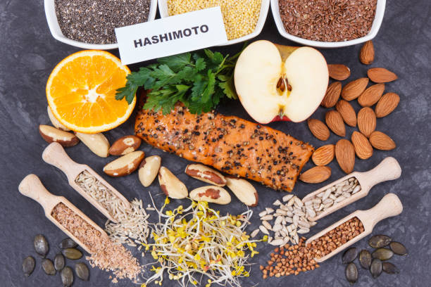 istock Inscription hashimoto with best nutritious food for healthy thyroid. Natural eating containing vitamins 1341482649