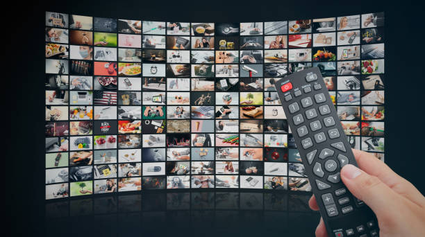 istock Multimedia video concept on media wall, TV stream 1341487069
