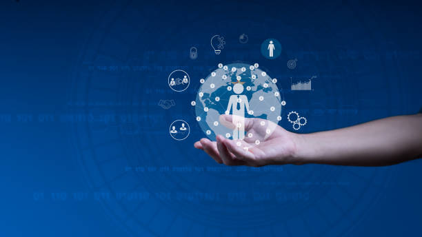 istock Businessman holds a world map circle and network structure HR - Human resources. The concept is Business leadership, Management, and recruitment. Social network. Different people. 1341489580