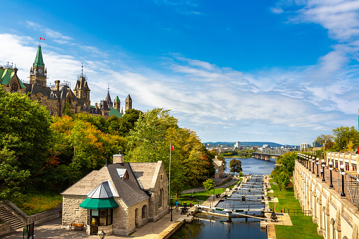 Rideau Canal Locks and parliament in Ottawa in a sunny day, Canada
