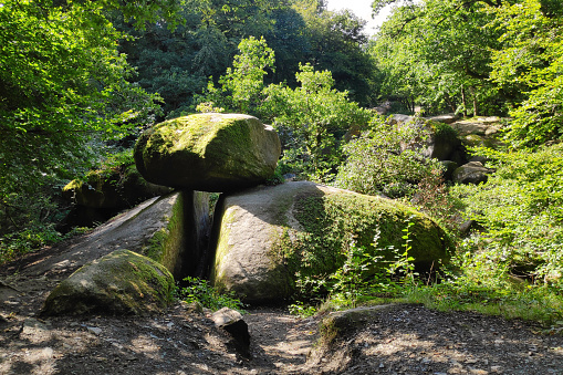 Gate-like arragement of boulders in the blockfield of the forest of Huelgoat in Brittany.