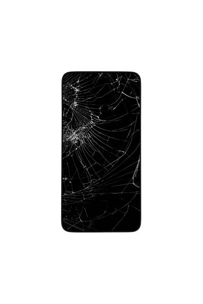 mobile phone with a broken screen isolated on a white background top view