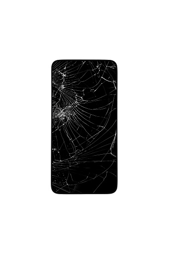 mobile phone with a broken screen isolated on a white background top view
